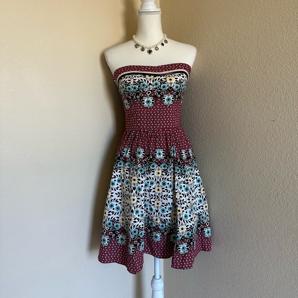 Strapless Burgundy Floral Sun Dress Sz 3 Fit & Flare Whimsigoth Y2K Fairycore